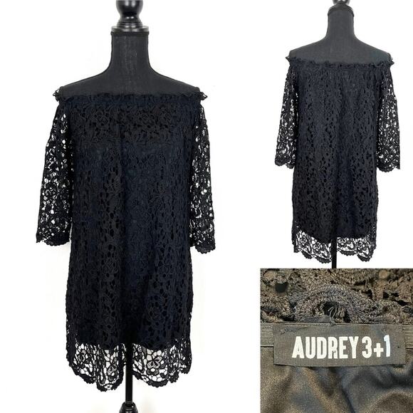 Audrey 3+1 Little Black Dress Crochet Off Shoulder Mini Small - Picture 1 of 7